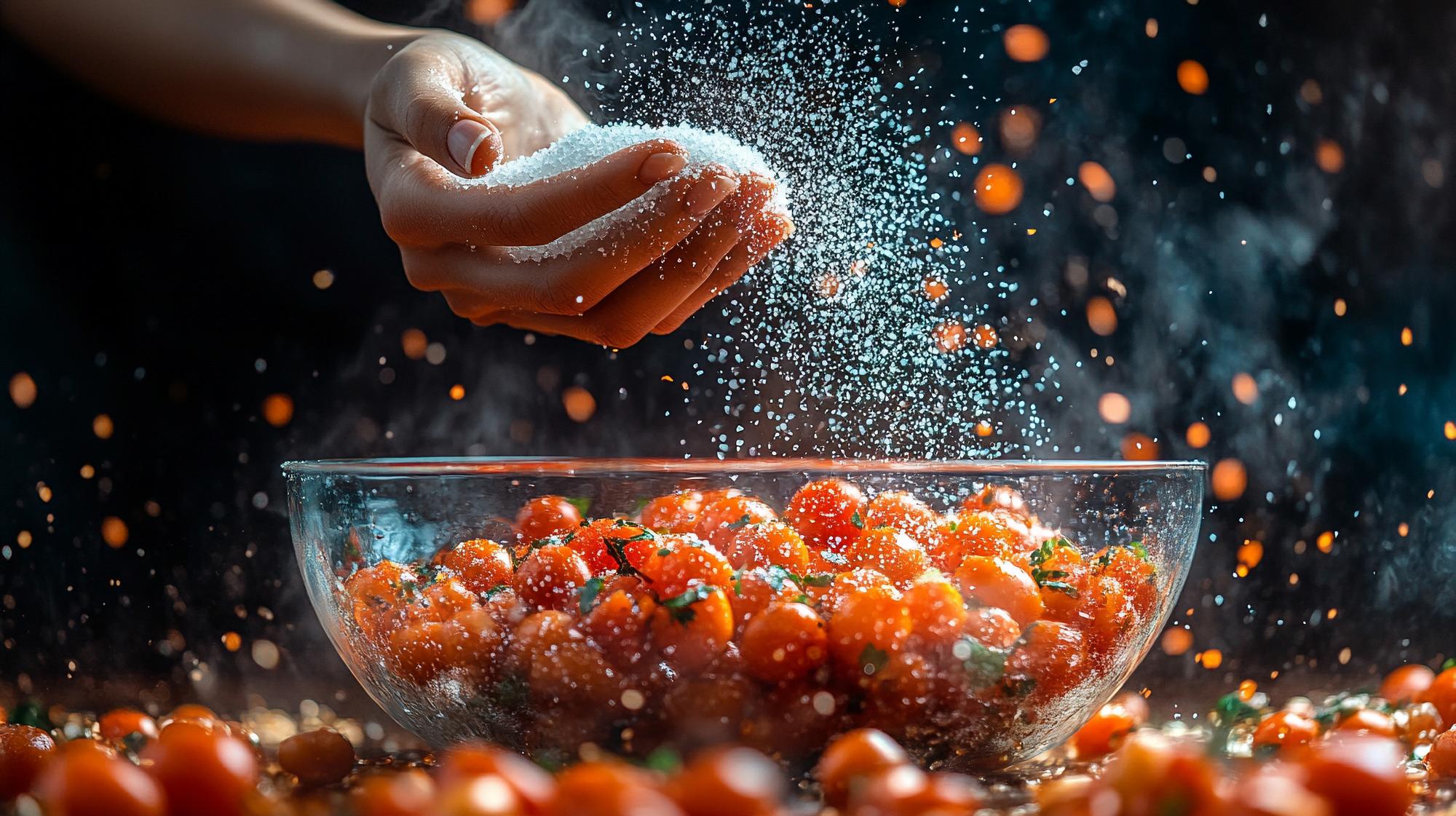 Hands sprinkling sea salt over roasted vegetables